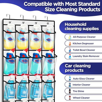 Clear Cleaning Supplies Organizer,Cleaning Products 24 Pockets Large Capacity Over The Door All-Purpose Cleaner Holder for Laundry Bathroom Auto Glass Cleaner Organizer for Garage,Spray Bottle Holder