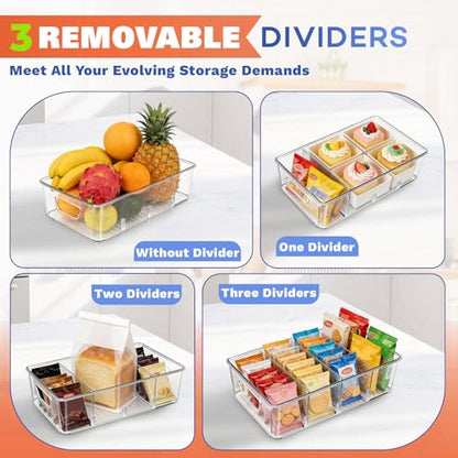 Stackable 4-Compartment Pantry Organizers and Storage, Clear Plastic Storage Bins with Removable Dividers Suitable for Pantry, Office, Kitchen, Cabinet & Fridge Organization, 2-Pack