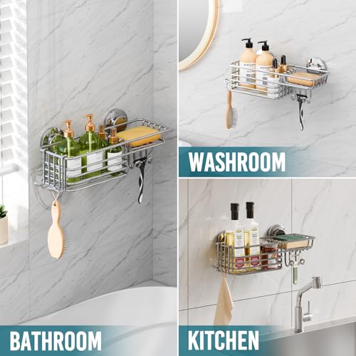 TAILI Shower Caddy Suction Cup with Hooks & Soap Holder, Silver | Heavy Duty Shower Organizers, Removable Bathroom Shelves for Inside,Stainless Steel Bathroom Holder