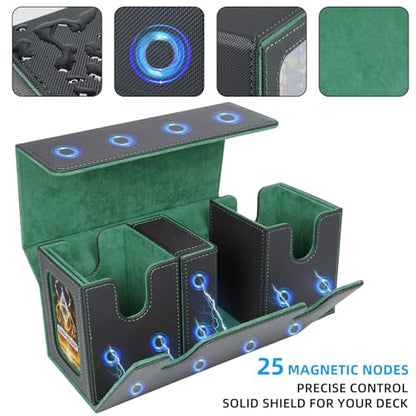 AFIING MTG Commander Card Storage Box - Fits 200 Double Sleeved Cards,3-in-1Card Deck Case,Strong Magnet Card Organizer For Magic Commander TCG CCG,4Dividers &2 Toploaders, Black/Green