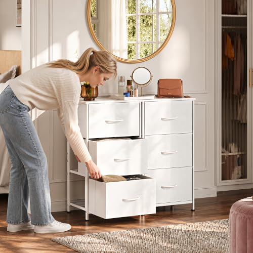 WLIVE Small Dresser Nightstand for Bedroom, 3 Drawers, White | 3 roomy fabric drawers, Compact nightstand, Bedroom or closet use, Chest of drawers, Dresser for small spaces