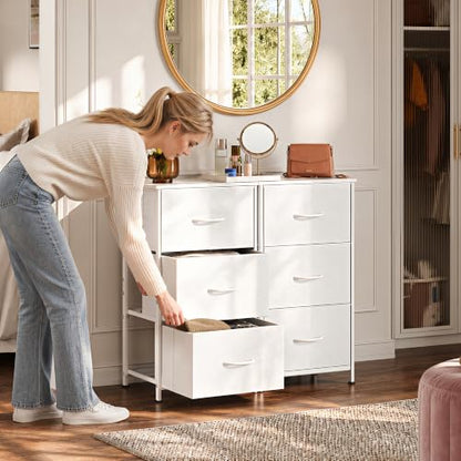 WLIVE Small Dresser Nightstand for Bedroom, 3 Drawers, White | 3 roomy fabric drawers, Compact nightstand, Bedroom or closet use, Chest of drawers, Dresser for small spaces