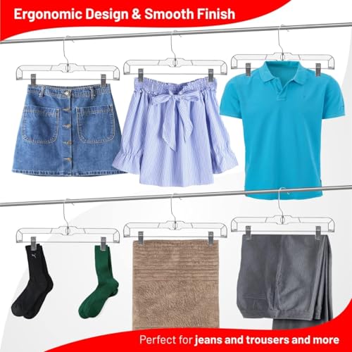 DEILSY™ Pants Hangers with Clips 12 Pack Skirt Hangers Clear Plastic | Hangers with clips and 360° swivel hook, pants hangers rubber-padded clips, ideal for jeans, trousers, skirts and shorts