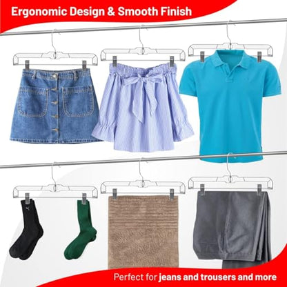 DEILSY™ Pants Hangers with Clips 12 Pack Skirt Hangers Clear Plastic | Hangers with clips and 360° swivel hook, pants hangers rubber-padded clips, ideal for jeans, trousers, skirts and shorts