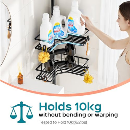 HAMITOR Shower Caddy Tension Pole: 4-Tier Adjustable Corner Organizer Black | Heavy Duty Rustproof L-Shaped Shelves- No Drilling Space-Saving Storage Rack for Family & Renters- 47.72-123.6 inch
