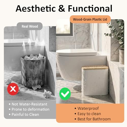 Small Bathroom Trash Can with Lid 2.6 Gallon, Slim Plastic White | Wastebasket, Odor & Pet Proof, Inner Bucket & Faux Wood Grain Top, For Kitchen, Bedroom, Living Room, Office, RV