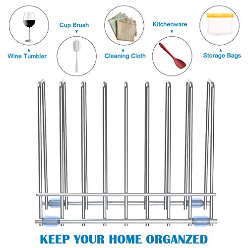 Reusable Storage Bags Rack, Drying Rack for Storage Bags, Stainless Stand for Reusable Freezer Containers & Vacuum Sealer Bags , File Organizer Desktop Storage, Kitchen Storage & Organization (Silver)
