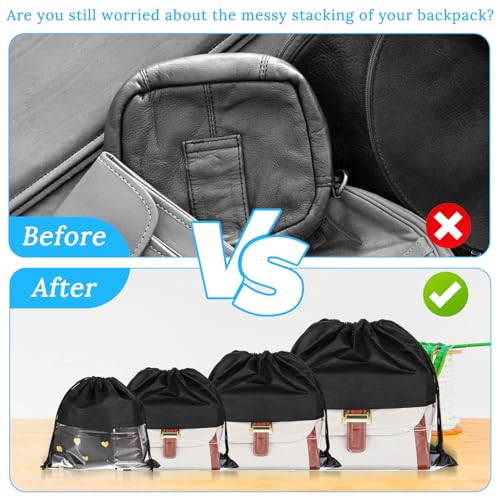 12 Pcs Dustproof Drawstring Bags for Handbags Purse Dust Bags Shoe Bags for Travel Dust Storage Bags Covers String Packing Organizer (Black, 4 Sizes)