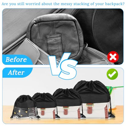 12 Pcs Dustproof Drawstring Bags for Handbags Purse Dust Bags Shoe Bags for Travel Dust Storage Bags Covers String Packing Organizer (Black, 4 Sizes)