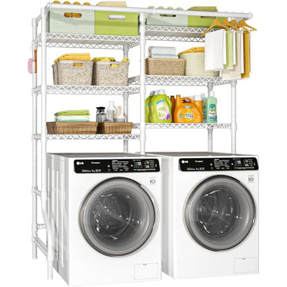 U13 Medium Over Washer and Dryer Storage Shelves, 6 Tiers Laundry Rack | Metal Clothes Drying Rack Space Saver with 2 Hanger Rods and Hooks, Laundry Room Standing Shelf Above Washer Dryer, White