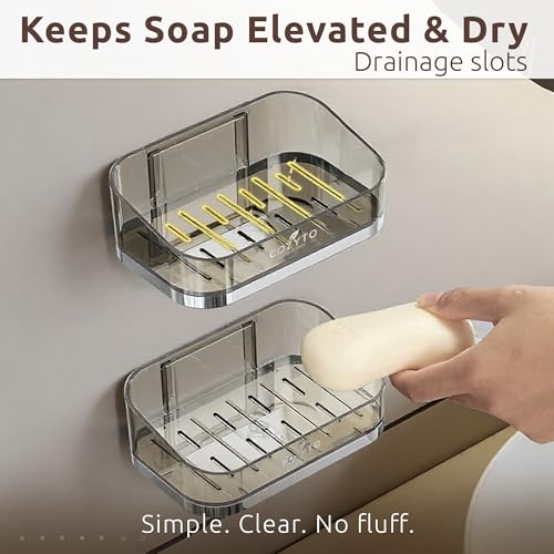 COZYTO DripLux S2 - Magnetic Soap Holder Wall Mount 2-Pack Fast-Draining Adhesive Soap Dish for Bathroom Shower & Kitchen PET Plastic Smoky Quartz & Rose Gold/Platinum Trim (Smoky Quartz & Platinum)