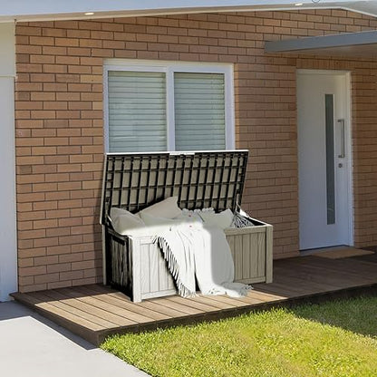 150 Gallon Outdoor Deck Box Waterproof, Large Storage Box for Patio, Resin Storage Bench Lockable for Garden Tools, Package Delivery, Grey