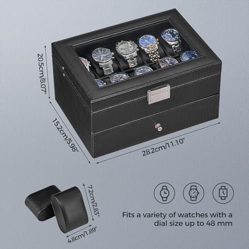 BEWISHOME Watch Case, 20-Slot Watch Box Organizer with Large Glass Lid | Watch Cases for Men with Removable Watch Pillows, Synthetic Leather, Watch Storage Box, Watch Display Case, Black SSH04C