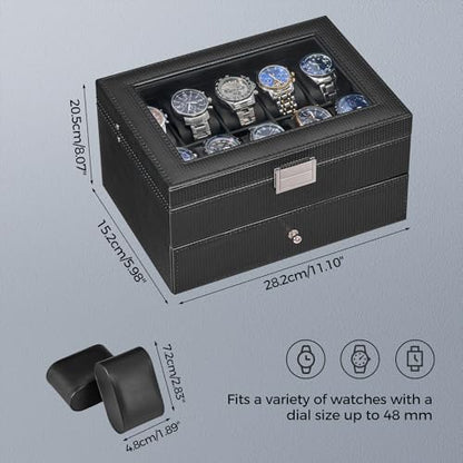 BEWISHOME Watch Case, 20-Slot Watch Box Organizer with Large Glass Lid | Watch Cases for Men with Removable Watch Pillows, Synthetic Leather, Watch Storage Box, Watch Display Case, Black SSH04C