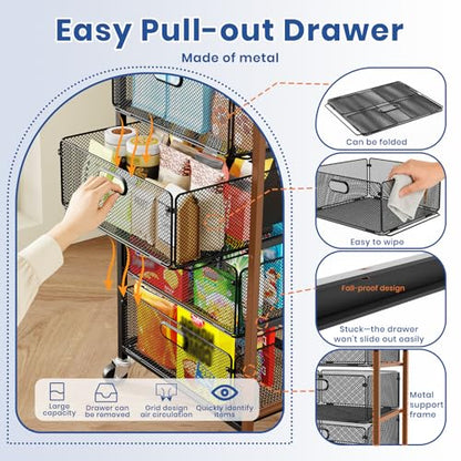 Kitchen Cart with Drawers, Lockable Wheels with Wooden Top, Black | 4 Tier Metal Rolling Utility Cart Organizer, Fruit Vegetable Storage Rack Also for Cans, Snack, Craft, Art, Office, Beauty
