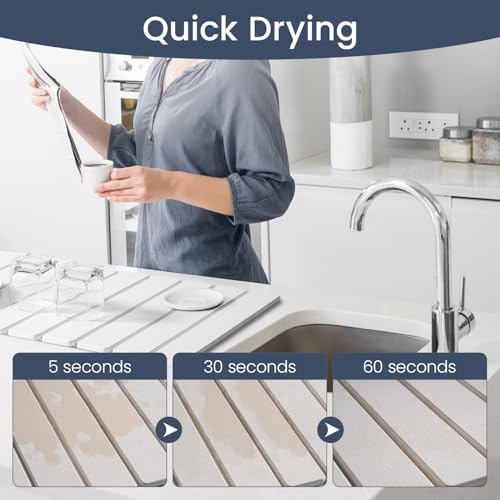 Meowoo Stone Drying Mat for Kitchen Counter, 15.7"x11.8" Foldable Diatomaceous Earth Mat, Super Absorbent, Quick-Dry Bath & Kitchen Pad for Dishes, Cups, Bottles, Non-Slip, Fits Any Countertop - White