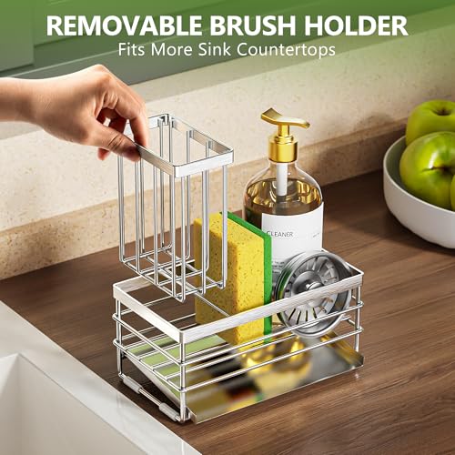Sink Caddy Sponge Holder for Kitchen with Brush Holder and Stainless Steel Self Drain Tray, Rustproof Kitchen Sink Organizer for Sponge, Soap Dispenser Storage Accessories