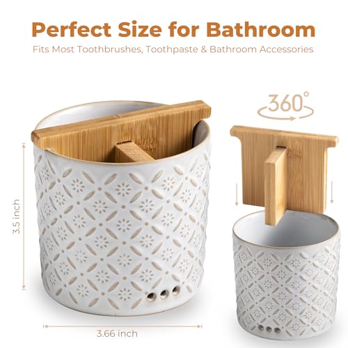 Toothbrush Holders, Ceramic Electric Toothbrush & Toothpaste Holder | Detachable 3 Slots Tooth Brush Cup with Drain Holes & Bamboo Divider, Makeup Brush Storage Holder for Bathroom, Family, Kids