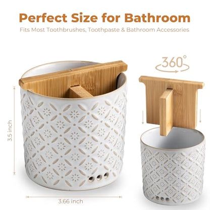 Toothbrush Holders, Ceramic Electric Toothbrush & Toothpaste Holder | Detachable 3 Slots Tooth Brush Cup with Drain Holes & Bamboo Divider, Makeup Brush Storage Holder for Bathroom, Family, Kids