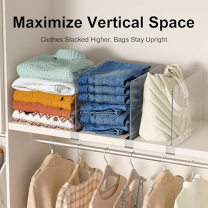 Purse Organizer for Closet Shelf Dividers: Clear Acrylic 8-Pack | Adjustable Bag Storage Organizer for Handbags, Sweaters, Towels, Jeans and Shoes on Wood Shelves