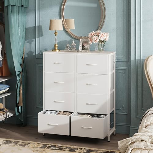 WLIVE 8 Drawer White Fabric Dresser for Bedroom, Tall Storage Tower | White tall 8-drawer fabric dresser with bins, ideal baby dresser for nursery kids room closet toddler clothes organization