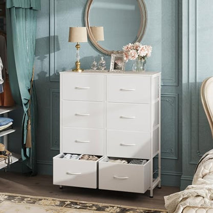 WLIVE 8 Drawer White Fabric Dresser for Bedroom, Tall Storage Tower | White tall 8-drawer fabric dresser with bins, ideal baby dresser for nursery kids room closet toddler clothes organization