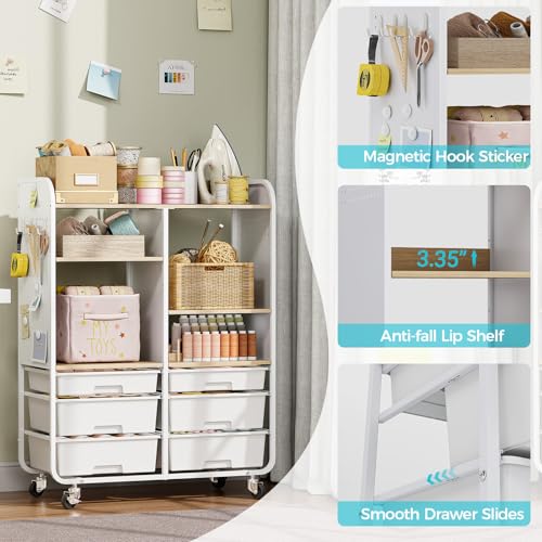 6 Drawers Rolling Storage Cabinet with Wood Top& Pegboards White | Utility Craft Cart with Adjustable Shelves & Lockable Wheels for Classroom, Home Office & Art Studio, Household Organization