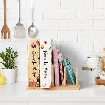 Cook Book Organizer, 4 Sections, Recipe Book Holder Rack, Tabletop Stand for Convenient Cookbook Storage, Vertical Cook Book Stand Kitchen, Binder Holder for Desk & Countertop (Bamboo)