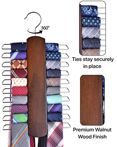 Premium Wooden Necktie and Belt Hanger, Walnut Wood Center Organizer and Storage Rack with a Non-Slip Finish - 20 Hooks (Wooden)…