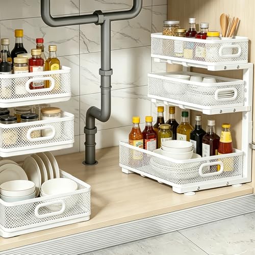 2 Pack 3 Tier Under Sink Organizer with Pull Out Drawer, Height Adjustable Heavy Duty Metal Under Cabinet Organizer, Smooth Sliding Storage Shelf for Kitchen, Bathroom Cabinet Organization, White