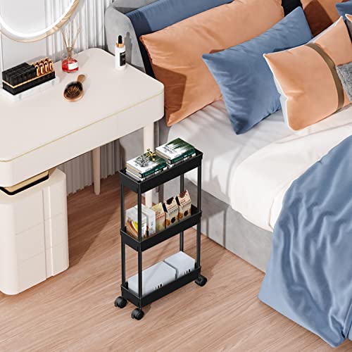 Sooyee 3 Tier Rolling Cart with Wheels, Black | Slim Storage Cart, Narrow Storage Cabinet, Under Desk Storage, For Office Bathroom Kitchen Laundry Room