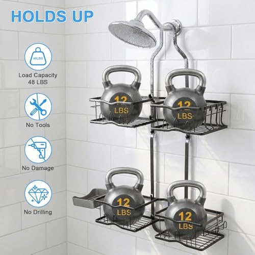 Shower Caddy Hanging Organizer Over Showerhead, Rustproof Black | 2-Tier No-Drill Hanging Shower Organizer with Removable Hooks, Soap Dish, Toothbrush Holder for Bathroom Razor Shampoo Sponge