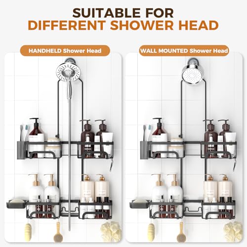 Split Shower Caddy Hanging for Handheld Showerheads, Black | Adjustable Shower Organizer, Rustproof, 16 Hooks, Soap Holder, 40lbs Capacity, Anti-Slip, Tool-Free, Bathroom Accessories