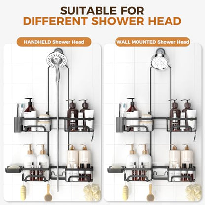 Split Shower Caddy Hanging for Handheld Showerheads, Black | Adjustable Shower Organizer, Rustproof, 16 Hooks, Soap Holder, 40lbs Capacity, Anti-Slip, Tool-Free, Bathroom Accessories
