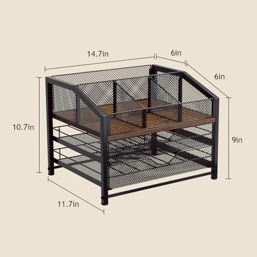 Coffee Bar Organizer - Coffee Station for Countertop, Metal and Wood K Cup holder Storage Basket for Coffee Pods, Syrup, Cups, Stirrer, Coffee Condiment, Tea Organizer, Black and Brown