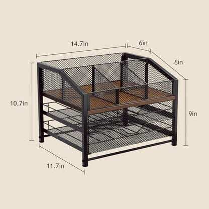 Coffee Bar Organizer - Coffee Station for Countertop, Metal and Wood K Cup holder Storage Basket for Coffee Pods, Syrup, Cups, Stirrer, Coffee Condiment, Tea Organizer, Black and Brown