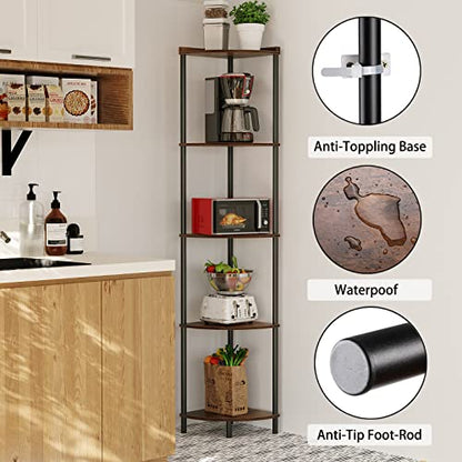 SUNMORY 5 Tier Corner Shelf, 65" Tall Corner Shelves for Living Room Decor | Wall Corner Bookshelf, Industrial Display Shelf, Multi Unit Organizer, Narrow Plant Stand for Bedroom Bathroom Small Space