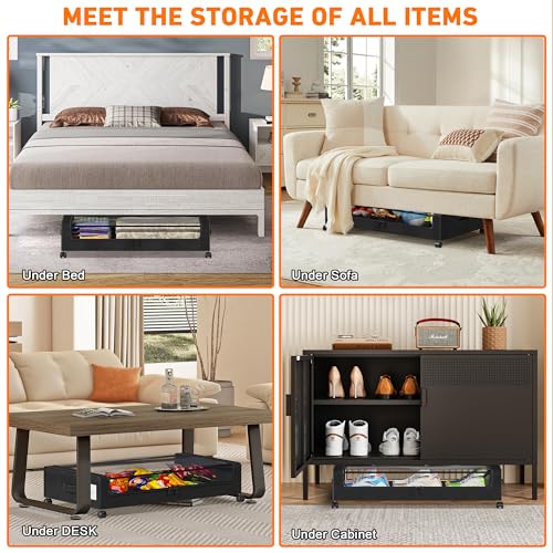 Under Bed Storage with Wheels, 2 Pack Under Bed Storage Containers with Clear Lids, XXL 65L Under Bed Storage Organizer, Rolling Under Bed Metal Drawer for Blanket, Clothes, Shoes (31 x 17 x 6.69 in)