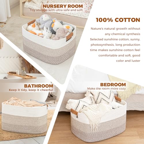 Blanket Basket, 72L Woven Storage basket with Leather Handle, Eco-friendly Decorative Storage Organization in Bathroom & Living Room for Towels 22 ''*17 ''*11.8 '', Gradient Brown