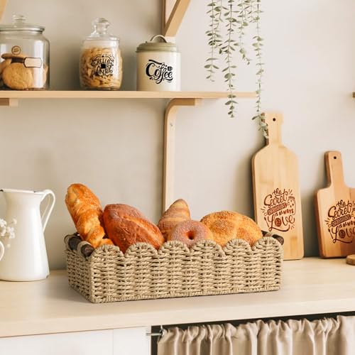 Bathroom Decor Basket for Toilet Paper Storage Baskets For Organizing | For Bedroom Living Room Kitchen Home Decor Scalloped Cute Basekt With Handle for Apartment Countertop,Beige