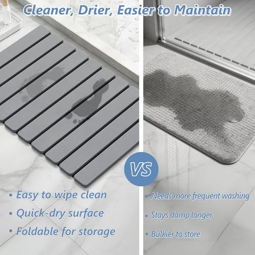 AWW Foldable Stone Bath Mat, Diatomaceous, 23.6"x15.5", Grey | Quick-dry surface, super absorbent, easy-clean finish, non-slip mat included, and compact storage for small bathrooms