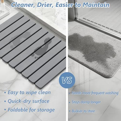 AWW Foldable Stone Bath Mat, Diatomaceous, 23.6"x15.5", Grey | Quick-dry surface, super absorbent, easy-clean finish, non-slip mat included, and compact storage for small bathrooms
