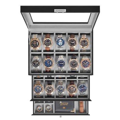 SONGMICS Watch Box, 20-Slot Watch Case Organizer, Black | Large Glass Lid, Removable Pillows, Metal Lock, Gift for Loved Ones, Grey Lining UJWB036B101