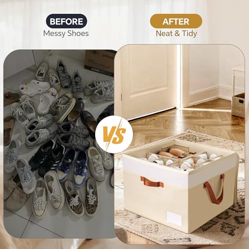 Shoe Organizer for Closet, 2 Pack Foldable Shoe Storage Organizer Box Bin with Adjustable Dividers and Clear Cover, Closet Shoe Storage for Sneakers Sandals Boots, Fit 16-32 Pairs, Beige