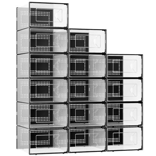Foluck X-Large 15 Pack Shoe Storage Organizer Box Clear Plastic Stackable | Interlocking Design, Sturdy Dustproof Breathable, Fits Men's Size 10 Women's Size 11, for Closet Entryway Under Bed