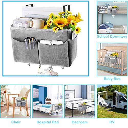 Bedside Caddy Organizer 5 Pockets and 4 Hooks for Bunk Bed Grey | Hanging Storage Bag for Headboards