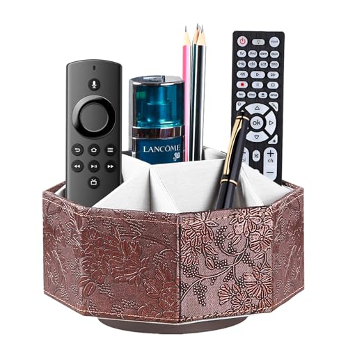 360° Spinning Remote Control Holder,Pen Caddy,Studio Art Supplies Organizer | PU Leather Swivel Office Desk Nightstand Storage Box for Media Controllers,Makeup Brush,Glasses,Decorations for Living Room