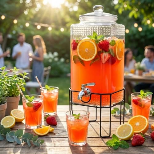 2 Gallon Glass Drink Dispenser, Drink Dispensers for Parties, Beverage Dispenser with Stand and Glass Lid, 100% Leakproof Spigot, Ideal for Lemonade, Juice, Laundry Detergent Dispenser
