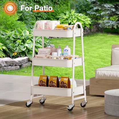 3-Tier Metal Rolling Cart with Lockable Wheels, He... (White | Metal)