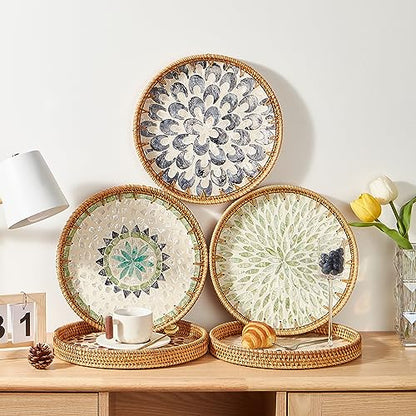 Round Rattan Tray with Mother of Pearl Inlay, Rattan Serving Tray with Wooden Base, Decorative Wicker Basket for Table Decor, Storage and Display of Coffee Bread Food Fruit (Leaf)